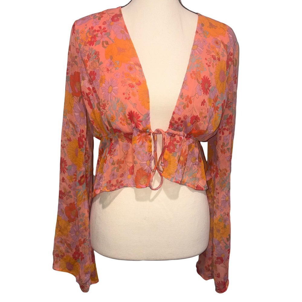 Floral Bell Sleeve Tie Front Boho Festival Top Womens Size Medium Orange - Picture 1 of 11